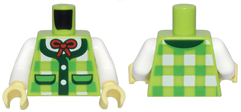 Torso Bright Green and White Plaid Vest with Dark Green Pockets and Trim, White Buttons and Shirt, and Red Bow Pattern / White Arms / Bright Light Yellow Hands