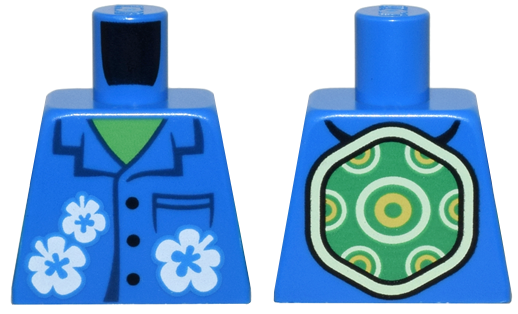 Torso Hawaiian Shirt with Dark Blue Pocket and Collar, Black Buttons and White Flowers and Turtle Shell over Bright Green Skin Pattern