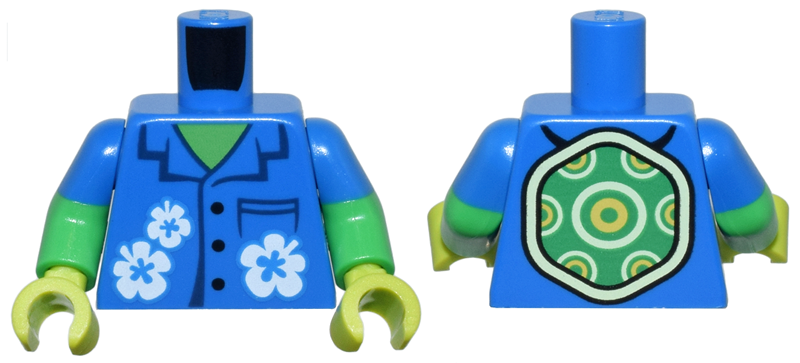 Torso Hawaiian Shirt with Dark Blue Pocket and Collar, Black Buttons and White Flowers and Turtle Shell over Bright Green Skin Pattern / Bright Green Arms with Molded Blue Short Sleeves Pattern / Lime Hands
