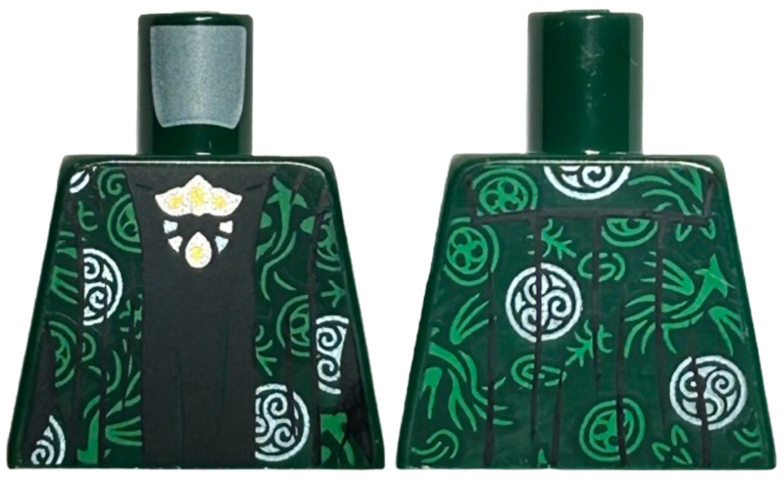 Torso Robe with Silver and Bright Green Circles and Filigree over Black Dress with Silver, Gold, Metallic Light Blue and Yellow Brooch Pattern