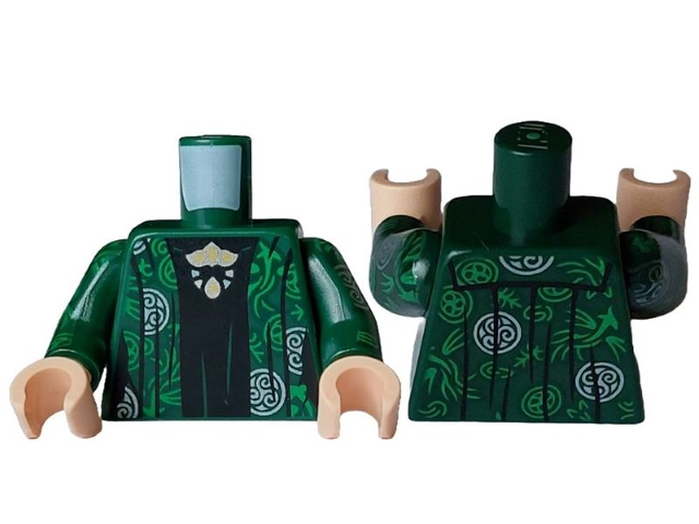 Torso Robe with Silver and Bright Green Circles and Filigree over Black Dress with Silver, Gold, Metallic Light Blue and Yellow Brooch Pattern / Dark Green Arms with Silver and Bright Green Circles and Filigree Pattern / Light Nougat Hands