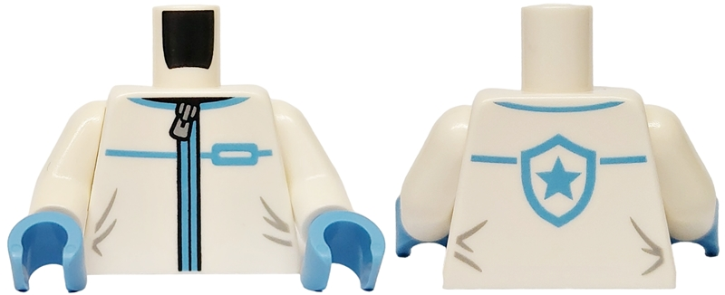 Torso Jacket with Silver Zipper, Medium Blue Trim, Light Bluish Gray Creases, Star Badge Logo on Back Pattern / White Arms / Medium Blue Hands