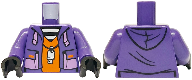 Torso Jacket Open over Orange Prison Jumpsuit, USB Key Pendant, Medium Lavender Tassels and Pockets Pattern / Dark Purple Arms / Black Hands