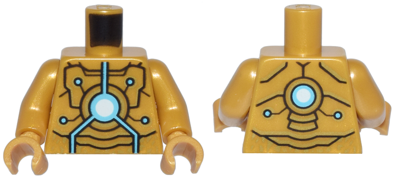 Torso, Armor with Gold and Black Trim and Medium Azure and White Circuitry Pattern / Pearl Gold Arms / Pearl Gold Hands
