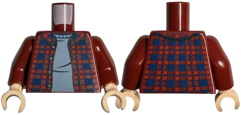 Torso Plaid Flannel Shirt Open with Buttons and Dark Blue Squares over Sand Blue Sweater Pattern / Dark Red Arms / Light Nougat Hands