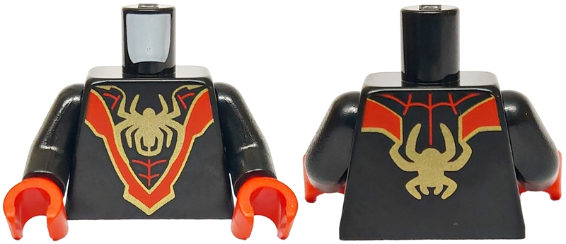 Torso Super Hero Costume with Red 'V' and Webbing, Gold Spider Logo Pattern / Black Arms / Red Hands