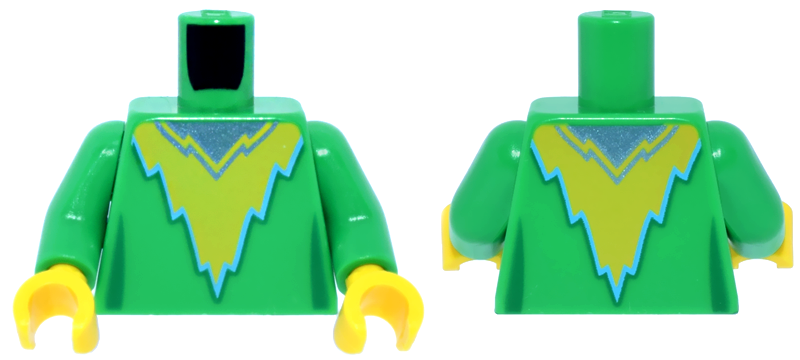 Torso Female Super Hero Costume with Yellow Jagged Panel, Medium Azure Trim and Metallic Light Blue Neck Pattern / Bright Green Arms / Yellow Hands
