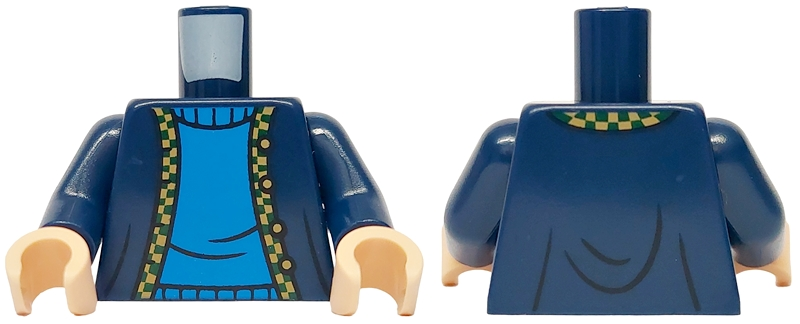 Torso Cardigan with Buttons over Blue Sweater, Dark Green and Dark Tan Checkered Hem Pattern / Dark Blue Arms / Light Nougat Hands