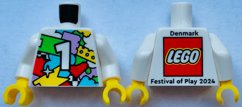 Torso Festival of Play 2024 Denmark with Colored Bricks, Number 1 and LEGO Logo on Back Pattern / White Arms / Yellow Hands