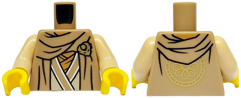 Torso Robe over Tan Tunic with White Hems, Medium Nougat Wraps, Gold Dragon Head, Hood and Flower Medallion on Back Pattern / Tan Arms / Yellow Hands