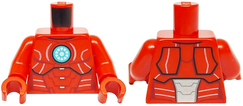 Torso Armor with Medium Azure and White Circle Arc Reactor, Black Panel Lines, Silver Trim Pattern / Red Arms / Red Hands