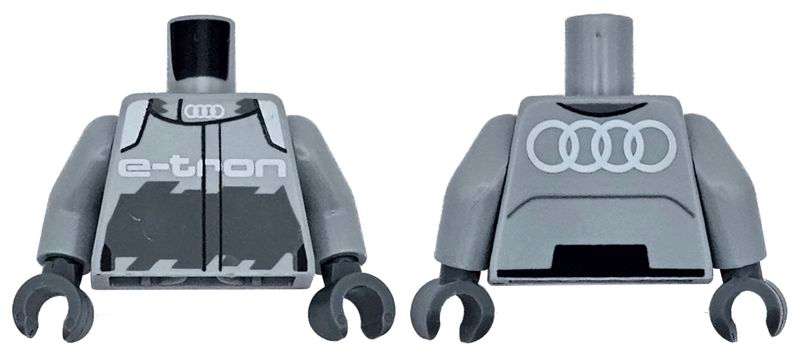 Torso Racing Jacket with White Audi Logo, 'e-tron', and Shoulders, Dark Bluish Gray Panel Pattern / Light Bluish Gray Arms / Dark Bluish Gray Hands
