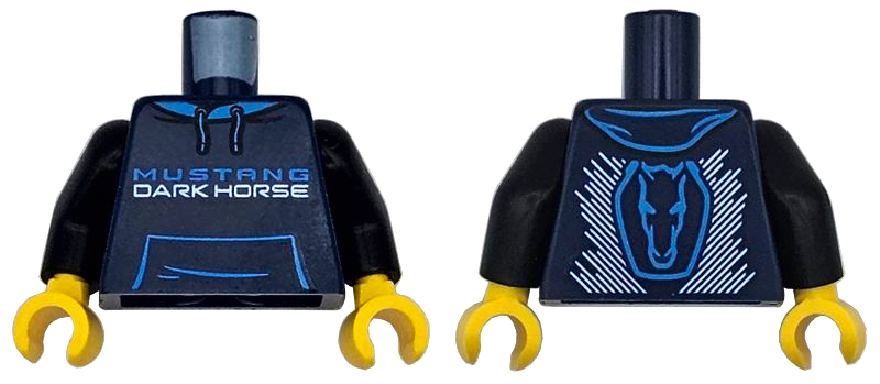 Torso Hoodie with Pocket, Dark Azure 'MUSTANG', White 'DARK HORSE' and Stripes Pattern / Black Arms / Yellow Hands