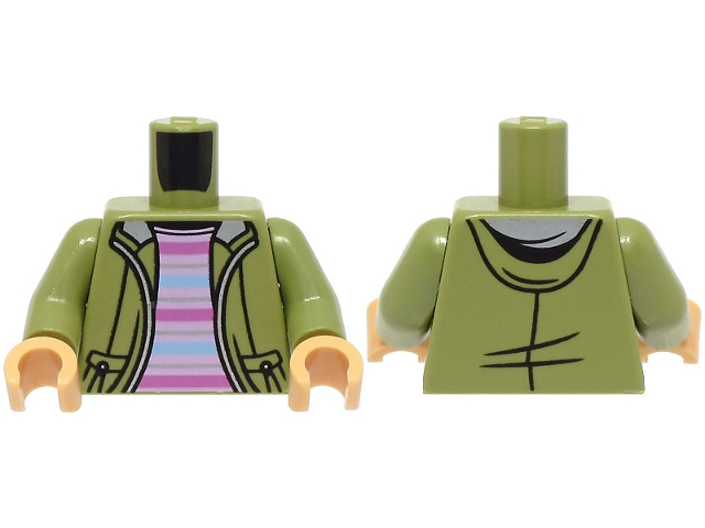 Torso Jacket Open with Hood over Bright Pink Shirt with Dark Pink and Bright Light Blue Stripes Pattern / Olive Green Arms / Medium Tan Hands