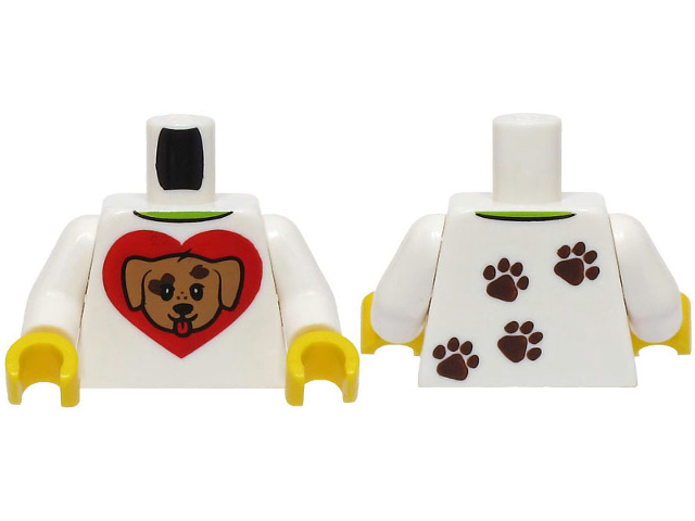 Torso Shirt with Lime Collar, Medium Nougat Dog Head on Red Heart, Dark Brown Paw Prints on Back Pattern (BAM) / White Arms / Yellow Hands
