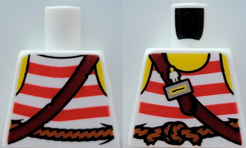 Torso Pirate Tank Top with Red Horizontal Stripes, Rope Belt, Shoulder Strap, Name Tag and Yellow Neck and Shoulders Pattern