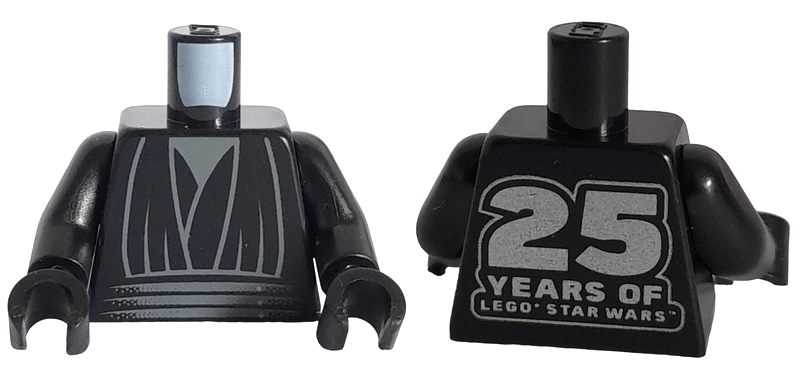 Torso SW Layered Shirt, Dark Bluish Gray Undershirt, Waist Sash, Silver '25 YEARS OF LEGO STAR WARS' on Back Pattern / Black Arms / Black Hands