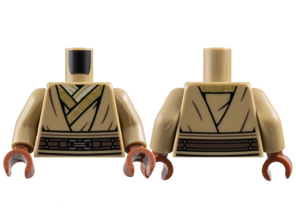 Torso SW Jedi Robe with Gold Ornaments, Dark Brown Belt with Silver Buckle, Tan Undershirt Pattern / Dark Tan Arms / Reddish Brown Hands