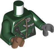 Torso Dark Silver Armor and Tube, Dark Tan Straps, Sand Green Trim Pattern / Dark Green Arms / Dark Bluish Gray Hand Left / Medium Brown Hand Right