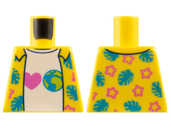 Torso Hawaiian Shirt Open with Dark Azure Leaves and Dark Pink Stars over White T-Shirt with Heart and Earth Pattern