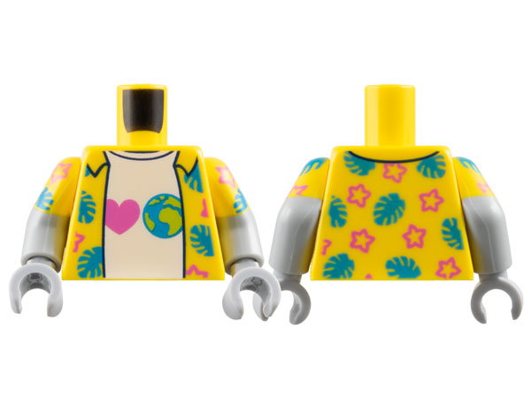 Torso Hawaiian Shirt Open with Dark Azure Leaves and Dark Pink Stars over White T-Shirt with Heart and Earth Pattern / Light Bluish Gray Arms with Molded Yellow Short Sleeves and Printed Dark Azure Leaves and Dark Pink Stars Pattern / Light Bluish Gray Hands