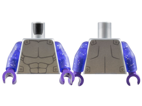 Torso Silver Armor with Dark Bluish Gray Muscles Outline Pattern / Glitter Trans-Purple Arms / Dark Purple Hands