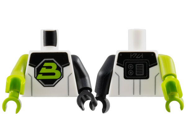 Torso Space Lime Capital Letter B on Black Octagon Blacktron II Logo, Shoulder Armor, Dark Bluish Gray Lines Pattern / Black Arm Left / Lime Double Arm Right / Black Hand Left / Lime Hands Right