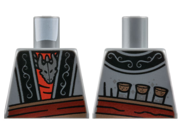 Torso Vest Open with Black Trim with Filigree over Red Shirt, Silver Chain Necklace with Dragon Head, Dark Red and Copper Belt and 3 Potion Bottles, Diamonds and Dots on Back Pattern