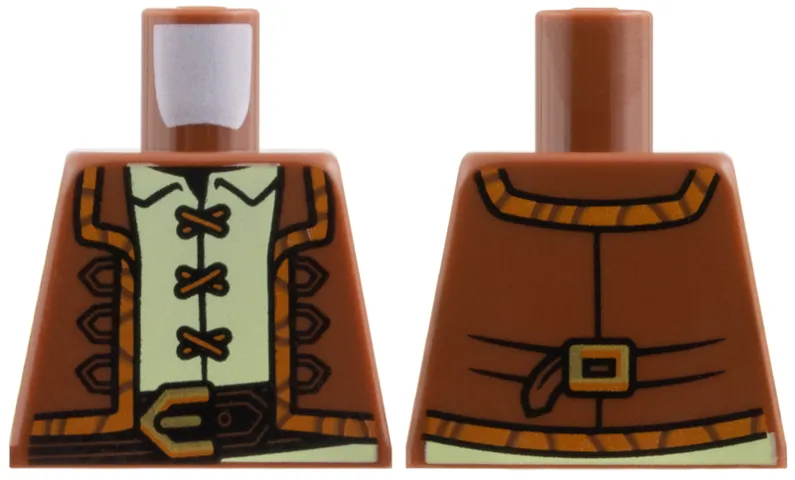 Torso Vest Open with Dark Orange Trim over Yellowish Green Shirt with Laces, Dark Brown Belt with Gold Buckle Pattern