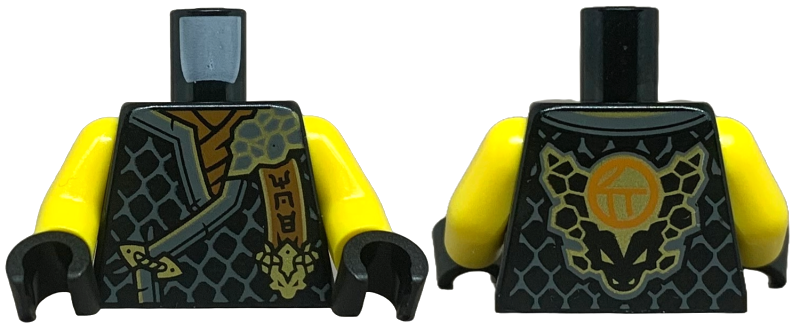 Torso Tunic with Dark Bluish Gray Hems, Gold Trim, Dark Orange Shirt, Ninjago Logogram 'MOE', Letter C on Back Pattern / Yellow Arms / Black Hands