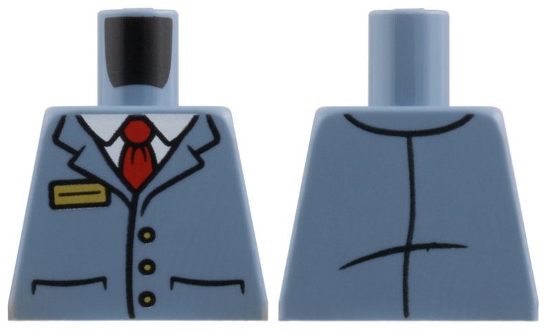 Torso Vest with 3 Gold Buttons and Badge over White Shirt and Red Tie Pattern