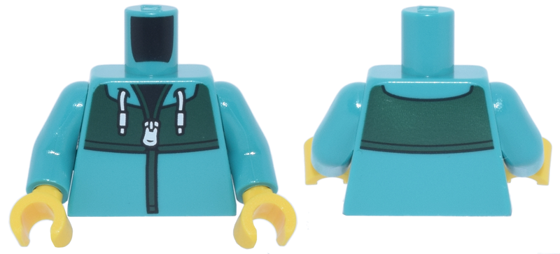 Torso Jacket with White Zipper, Drawstrings, Dark Green Panel and Trim over Black Shirt Pattern / Dark Turquoise Arms / Yellow Hands