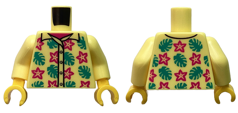 Torso Hawaiian Shirt with Buttons, Magenta Flowers and Dark Turquoise Leaves over Undershirt Pattern / Bright Light Yellow Arms / Yellow Hands