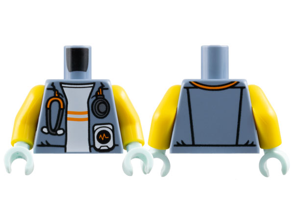 Torso Jacket Open with Silver and Orange Stethoscope over White Shirt with Stripes Pattern / Yellow Arms / Light Aqua Hands