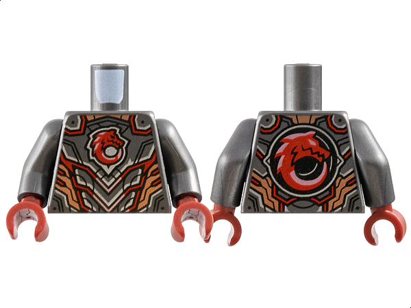Torso Armor Plates, Red Wolf Head, Silver, Copper and Metallic Pink Lines and Trim Pattern / Pearl Dark Gray Arms / Dark Red Hands