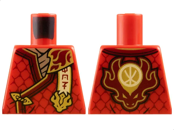 Torso Tunic with Dark Red Hems, Gold Trim, Dark Tan Shirt, Ninjago Logogram 'MOF', Letter K on Back Pattern