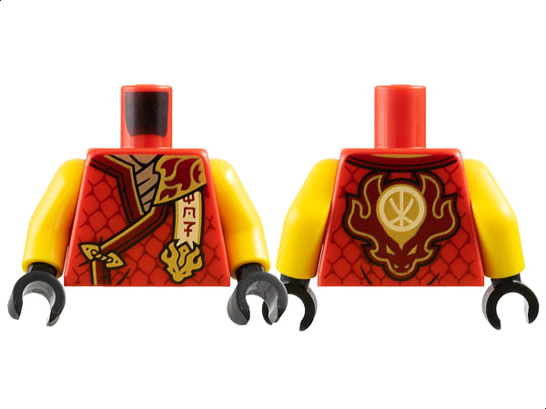 Torso Tunic with Dark Red Hems, Gold Trim, Dark Tan Shirt, Ninjago Logogram 'MOF', Letter K on Back Pattern / Yellow Arms / Black Hands