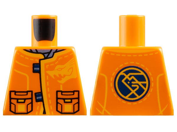 Torso Tang Jacket with Pockets and Bright Light Orange Dragon Head and Trim over Sand Blue Shirt, Dark Blue Circle with Ninjago Logogram 'ARIN' on Back Pattern