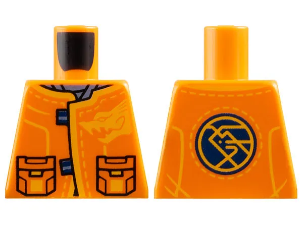Torso Tang Jacket with Pockets and Bright Light Orange Dragon Head and Trim over Sand Blue Shirt, Dark Blue Circle with Ninjago Logogram 'ARIN' on Back Pattern