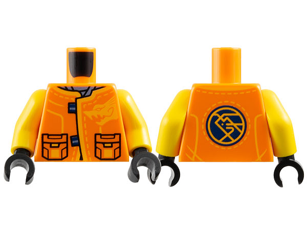 Torso Tang Jacket with Pockets and Bright Light Orange Dragon Head and Trim over Sand Blue Shirt, Dark Blue Circle with Ninjago Logogram 'ARIN' on Back Pattern / Yellow Arms / Black Hands