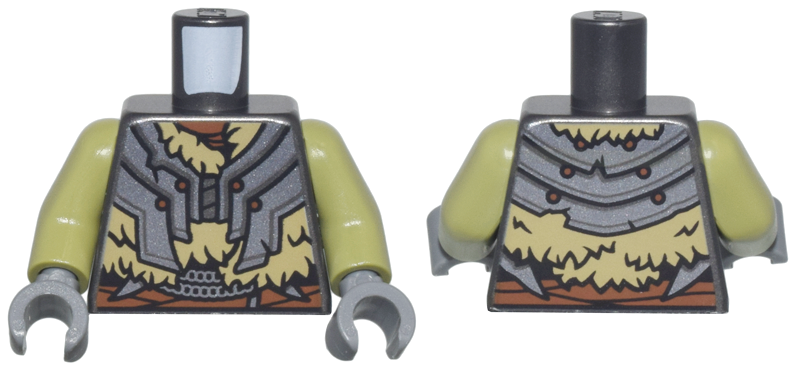 Torso Dark Silver Crude Plate Mail Armor, Dark Tan Fur, and Reddish Brown Belt and Rivets Pattern / Olive Green Arms / Dark Bluish Gray Hands