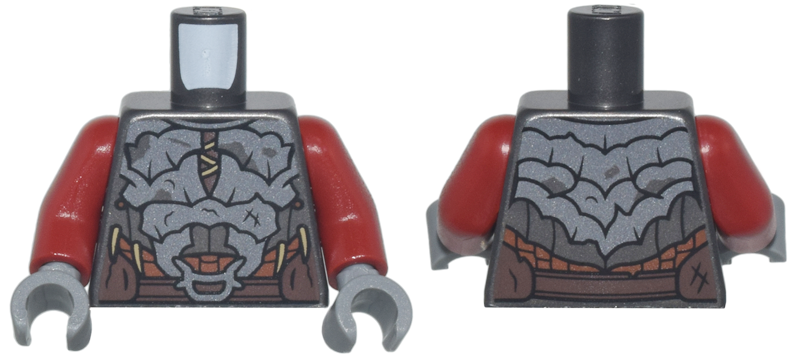 Torso Dark Silver Crude Plate Mail Armor, Dark Tan Laces and Spikes, Dark Brown and Reddish Brown Belts Pattern / Dark Red Arms / Dark Bluish Gray Hands