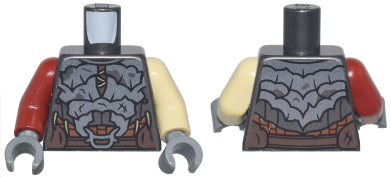 Torso Dark Silver Crude Plate Mail Armor, Dark Tan Laces and Spikes, Dark Brown and Reddish Brown Belts Pattern / Tan Arm Left / Dark Red Arm Right / Dark Bluish Gray Hands