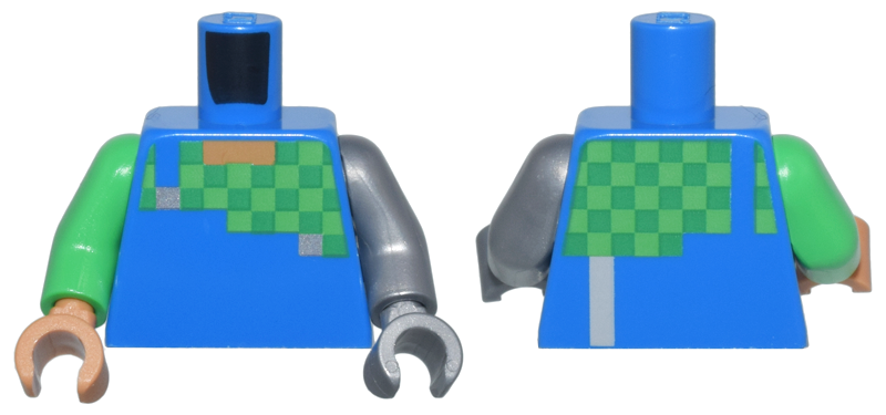 Torso Pixelated Overalls and Green and Bright Green Checkered Shirt Pattern / Flat Silver Arm Left / Bright Green Arm Right / Flat Silver Hand Left / Medium Nougat Hand Right