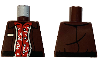 Torso Jacket Open with Black Hem and Silver Zipper over Red Hawaiian Shirt with Flowers and Leaves Pattern