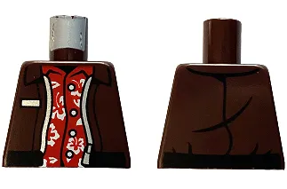 Torso Aviator Leather Jacket Open with Black Waistband and Silver Zipper over Red Hawaiian Shirt with Buttons and White Flowers and Leaves Pattern