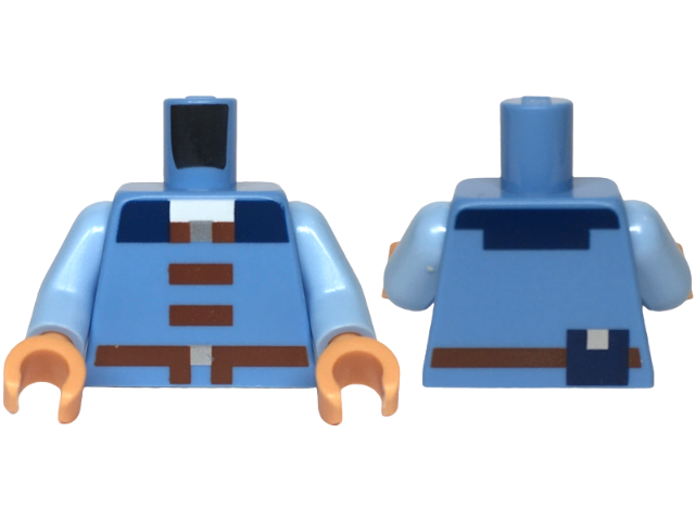 Torso Pixelated Vest with Reddish Brown Buttons, Belts with Silver Buckles, Dark Blue Collar and Pouch Pattern / Bright Light Blue Arms / Nougat Hands