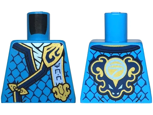 Torso Tunic with Dark Blue Hems, Gold Trim, Metallic Light Blue Shirt, Ninjago Logogram 'MOW', Letter N on Back Pattern