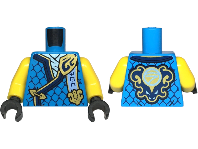 Torso Tunic with Dark Blue Hems, Gold Trim, Metallic Light Blue Shirt, Ninjago Logogram 'MOW', Letter N on Back Pattern / Yellow Arms / Black Hands