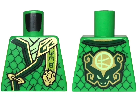 Torso Tunic with Dark Green Hems, Gold Trim, Yellowish Green Shirt, Ninjago Logogram 'MOE', Letter L on Back Pattern